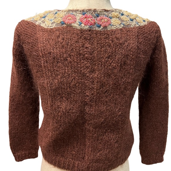 Vintage Free People Antique Lace Seed Pearl Beaded Brown Wool Cropped Cardigan - Picture 5 of 14